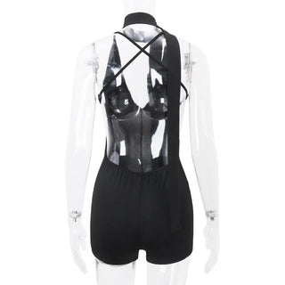 Deep V neck cross back backless ruched solid cami romper