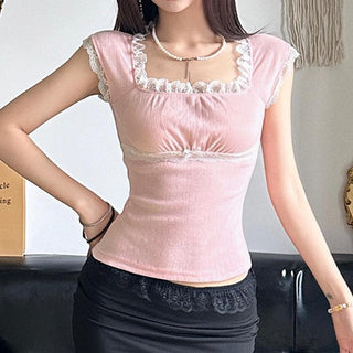Cap sleeve square neck lace hem textured top
