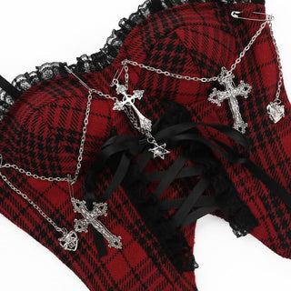 Sweetheart neck metal chain plaid print cami top