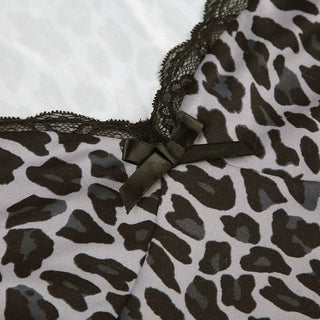 Leopard print long sleeve v neck lace hem bowknot top