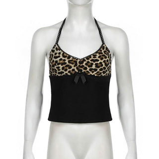 Halter v neck leopard print bowknot top