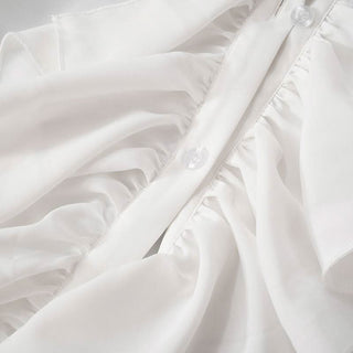 Long flared sleeve ruched ruffle button solid top