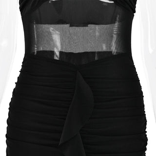 Halter patchwork mesh ruched ruffle maxi dress