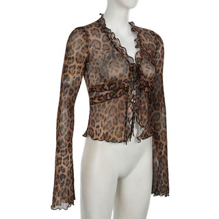 Leopard print long flared sleeve mesh ruffle self tie top
