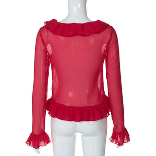Long flared sleeve chiffon ruffle top