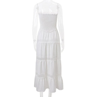 Smocked ruched lace patchwork tube midi dress