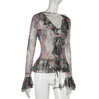 Long flared sleeve mesh abstract ruffle self tie top