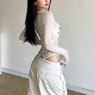 Long sleeve lace v neck letter print button bodysuit