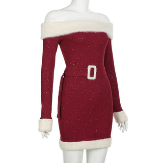 Off shoulder long sleeve beaded fluffy belt mini dress