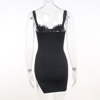 Ruched solid sleeveless lace slit self tie backless mini dress
