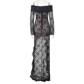 Off shoulder long sleeve lace ruched maxi dress