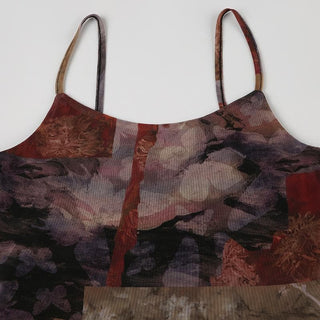 U neck ruffle irregular patchwork print cami midi dress