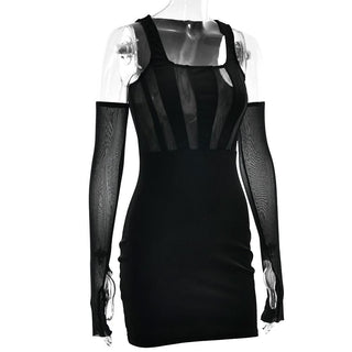 Square neck gloves mesh patchwork velvet mini dress