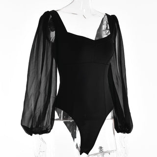 Solid v neck long sleeve mesh backless bodysuit