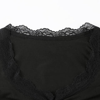 V neck long sleeve lace hem flower applique top