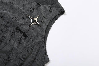 Sleeveless textured star applique hollow out solid crop cut out top