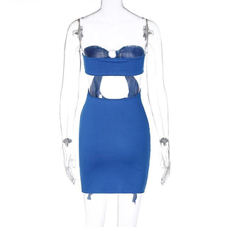 Ruched hollow out solid o ring ruffle backless tube cut out mini dress