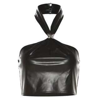 Halter PU leather button butterfly applique top