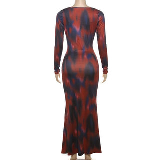 Long sleeve print v neck lace hem contrast maxi skirt set