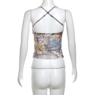 Cross back cowl neck print sheer mesh top