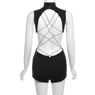 Sleeveless high neck button backless romper