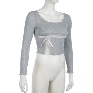 Long sleeve textured lace hem bowknot top