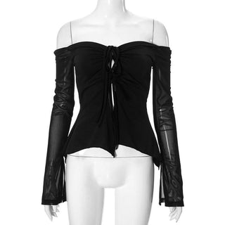 Off shoulder long sleeve mesh slit ruched self tie top