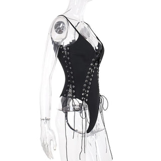 V neck lace up hollow out solid cami bodysuit