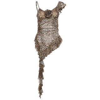 Leopard print flower applique irregular ruffle cami top