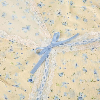 Cap sleeve v neck print bowknot lace hem top