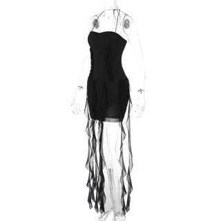 Halter ruffle sweetheart neck solid backless mini dress