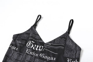 V neck letter print backless cami mini dress
