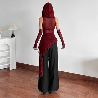 Hoodie cowl neck irregular gloves sheer mesh top