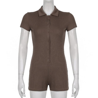 Turnover collar ribbed button romper