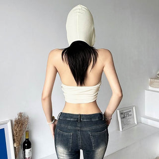 Hoodie v neck ruched drawstring metal tag top