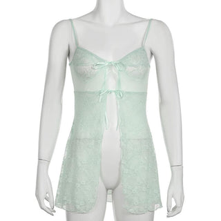 Lace mesh patchwork knotted solid cami top