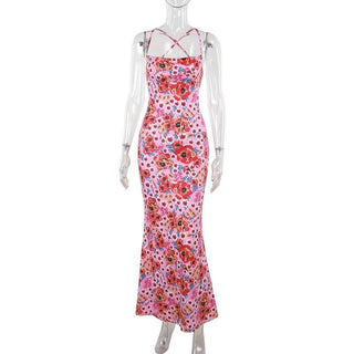 Cross back self tie flower print cami maxi dress