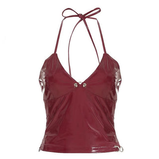 Halter v neck zip-up PU leather top