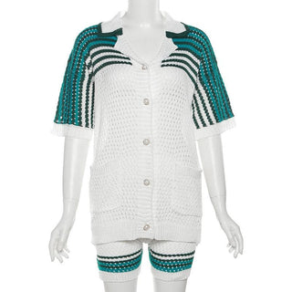 Turnover collar short sleeve button hollow out pant set