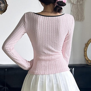Long sleeve ruffle bowknot ribbed top