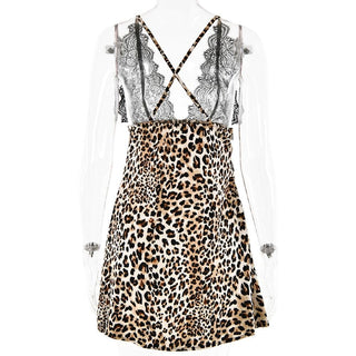 V neck leopard print lace see through cami mini dress