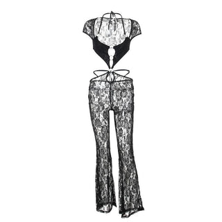 Short sleeve halter o ring lace hollow out jumpsuit