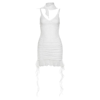 Ruched ruffle lace 2-way v neck cami mini dress