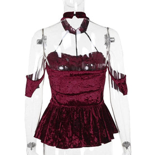 Halter velvet cross applique lace up top