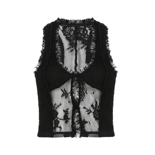U neck lace ruffle hollow out tank cut out top