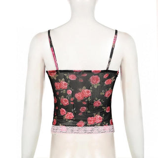 V neck lace hem backless rose print mesh cami top