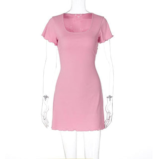 Short sleeve u neck ribbed knotted mini dress