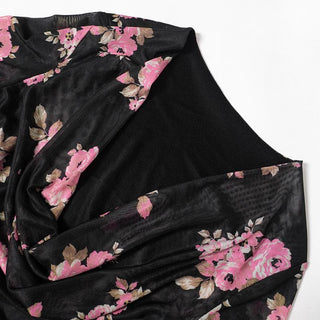 Long flared sleeve cowl neck ruffle flower print sheer mesh mini dress