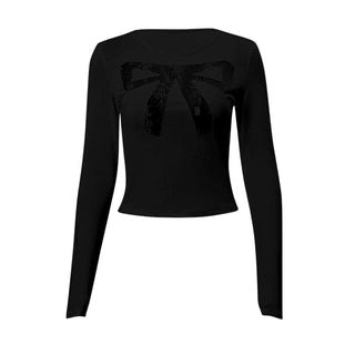 Long sleeve bowknot pattern lace mesh patchwork crewneck top
