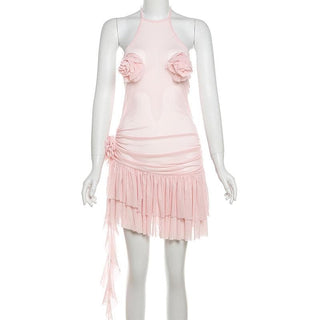 Halter sheer mesh ruffle flower applique mini dress